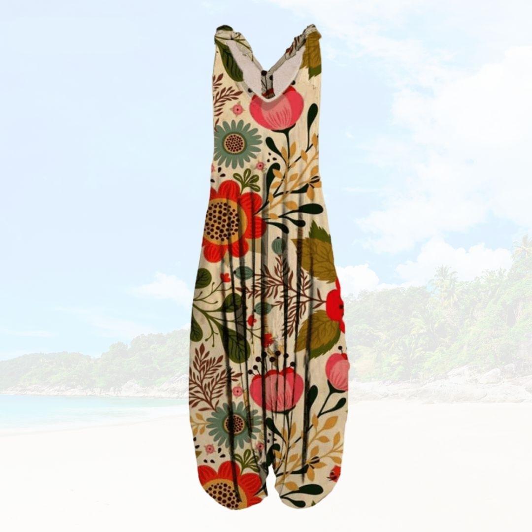 Boheme Jumpsuit med Tropisk Mønster og Lav Ryg