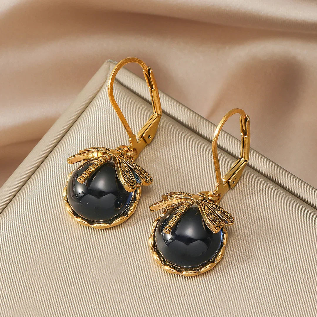 Vintage Øreringe med Farvet Sten og Libellemotiv