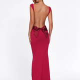 Lang aftenkjole med åben ryg og sløjfe