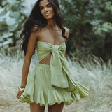 To-delt Sæt med Sløjfe Bandeau og Flæsekantet Nederdel – Sommer Chic