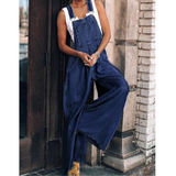 Denim Overalls Jumpsuit med Vide Ben og Lommer