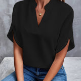 Elegant V-Bluse med Ståkrave og Korte Ærmer