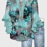 Let Bluse med Kunstnerisk Print og Flæseærmer – Feminin Boheme Stil
