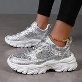 Sølv chunky sneakers til kvinder med glitter og høj sål