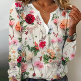 Blomsterprintet bluse med V-udskæring og lange ærmer