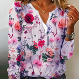 Blomsterprintet bluse med V-udskæring og lange ærmer