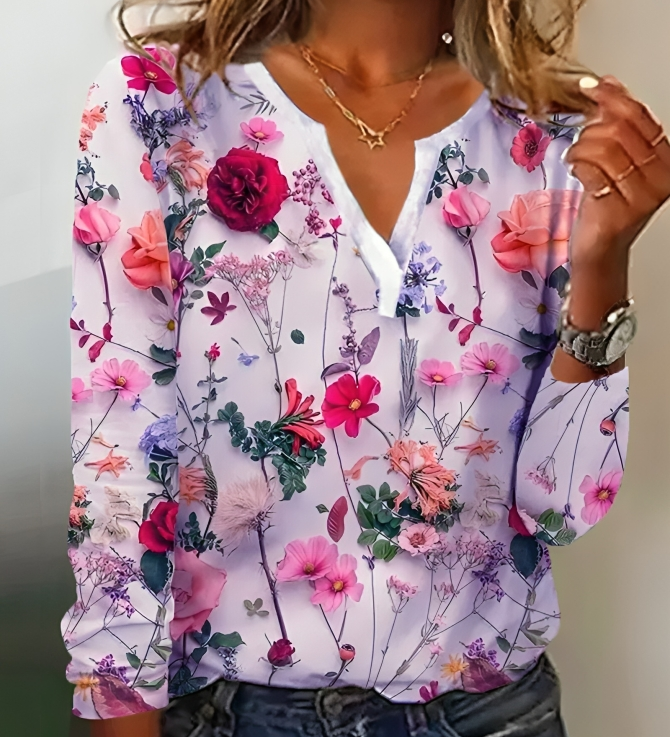 Blomsterprintet bluse med V-udskæring og lange ærmer