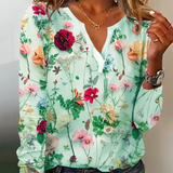 Blomsterprintet bluse med V-udskæring og lange ærmer