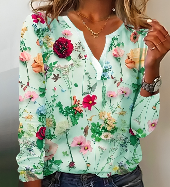 Blomsterprintet bluse med V-udskæring og lange ærmer