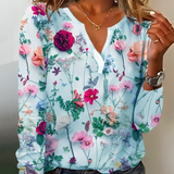 Blomsterprintet bluse med V-udskæring og lange ærmer