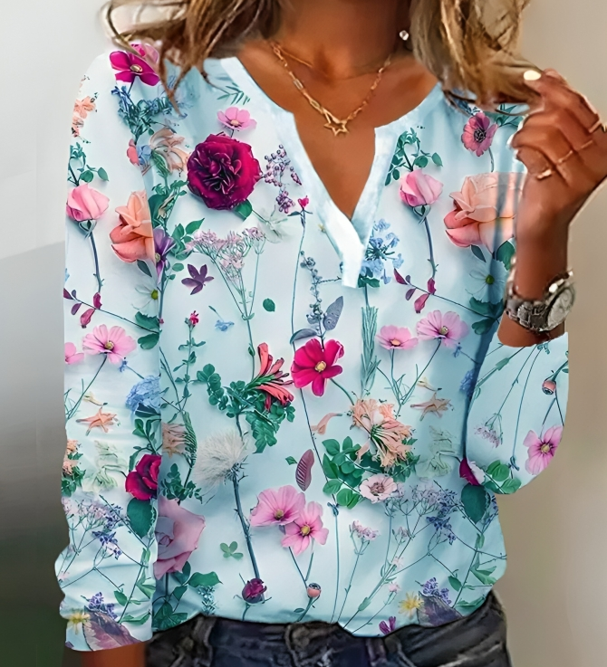 Blomsterprintet bluse med V-udskæring og lange ærmer