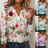 Blomsterprintet bluse med V-udskæring og lange ærmer