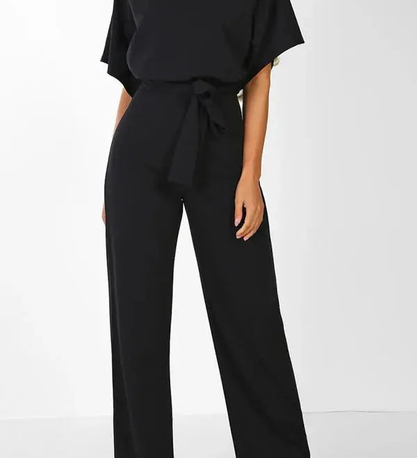 Elegant Bindebælte Jumpsuit – Løs Top & Brede Ben