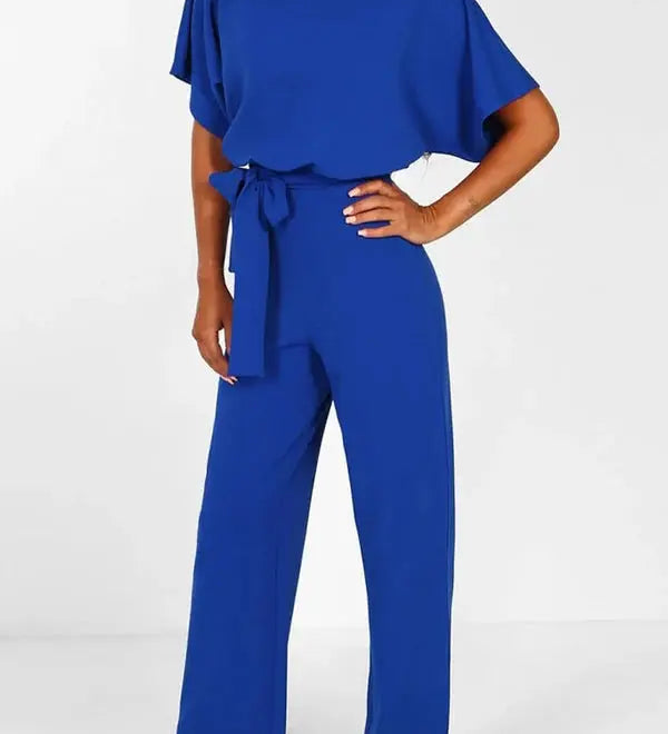 Elegant Bindebælte Jumpsuit – Løs Top & Brede Ben