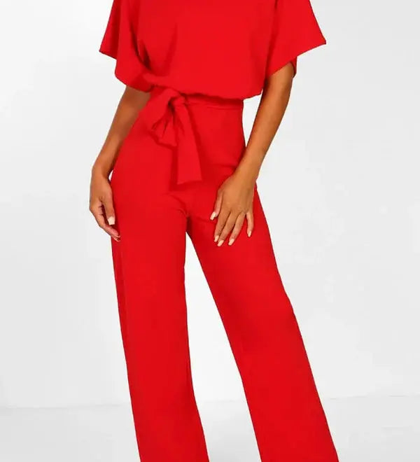 Elegant Bindebælte Jumpsuit – Løs Top & Brede Ben