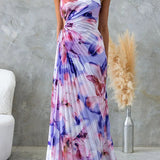 Blumenmuster  Ein-Schulter Falten Maxi Kleid