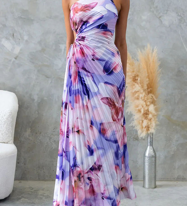 Blumenmuster  Ein-Schulter Falten Maxi Kleid