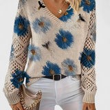 Blomstret V-Hals Bluse med Blondeærmer – Elegant og Feminin Stil