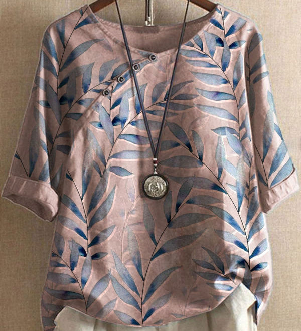 Boho Dame Bluse med Blade og Knapdetaljer – Afslappet og Naturlig