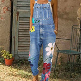 Afslappet denim overalls med blomsterprint til kvinder