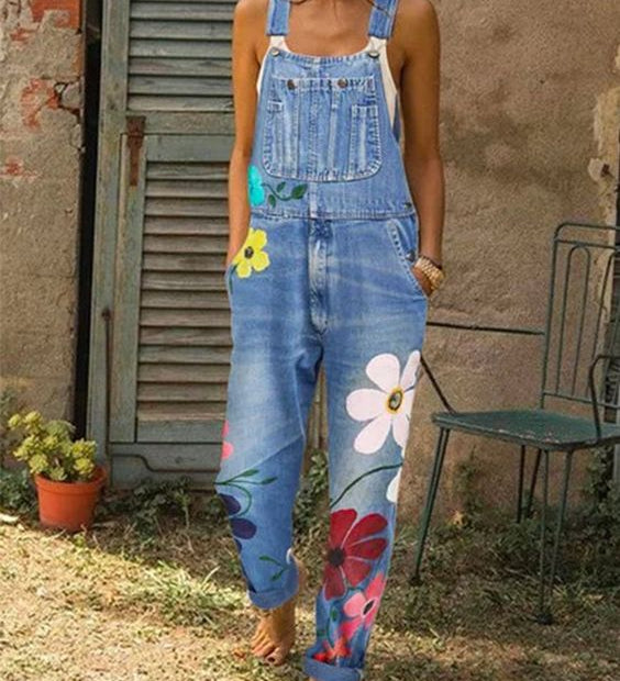 Afslappet denim overalls med blomsterprint til kvinder
