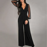 Elegant Jumpsuit med Mesh-Ærmer og V-udskæring