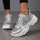 Sølv chunky sneakers til kvinder med glitter og høj sål