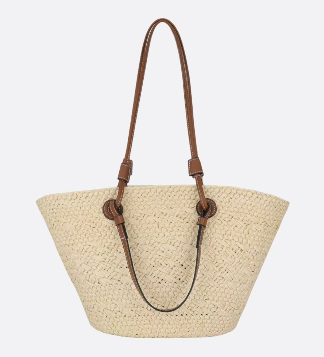 Strå- og Læder Tote Taske – Elegant og Robust Sommertaske