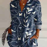 Lang Damebluse med Botanisk Print og Knaplukning