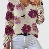 Blomstret V-Hals Bluse med Blondeærmer – Elegant og Feminin Stil