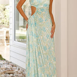 Blumenmuster  Ein-Schulter Falten Maxi Kleid