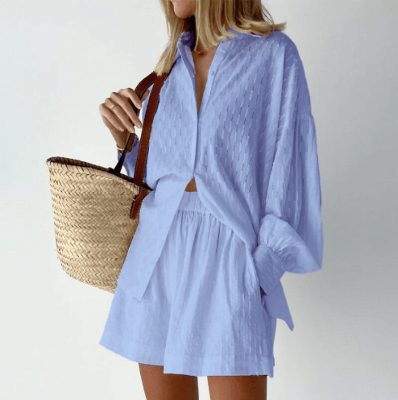 To-delt Broderet Sæt med Skjorte og Shorts – Let Sommerstil
