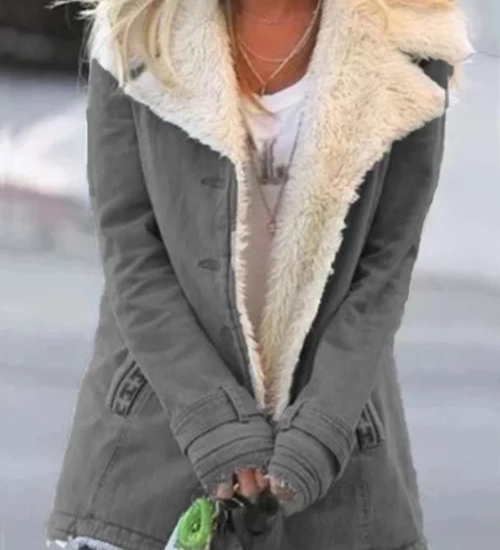 Varm damefrakke med plysfor – stilfuld vinterjakke til hverdag og udendørs brug