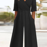 Culotte Jumpsuit med V-Hals og 3/4 Ærmer