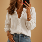 Elegant Damebluse med V-Hals og Flæsedetaljer