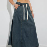 Casual denim maxinederdel med elastik og snøre til kvinder
