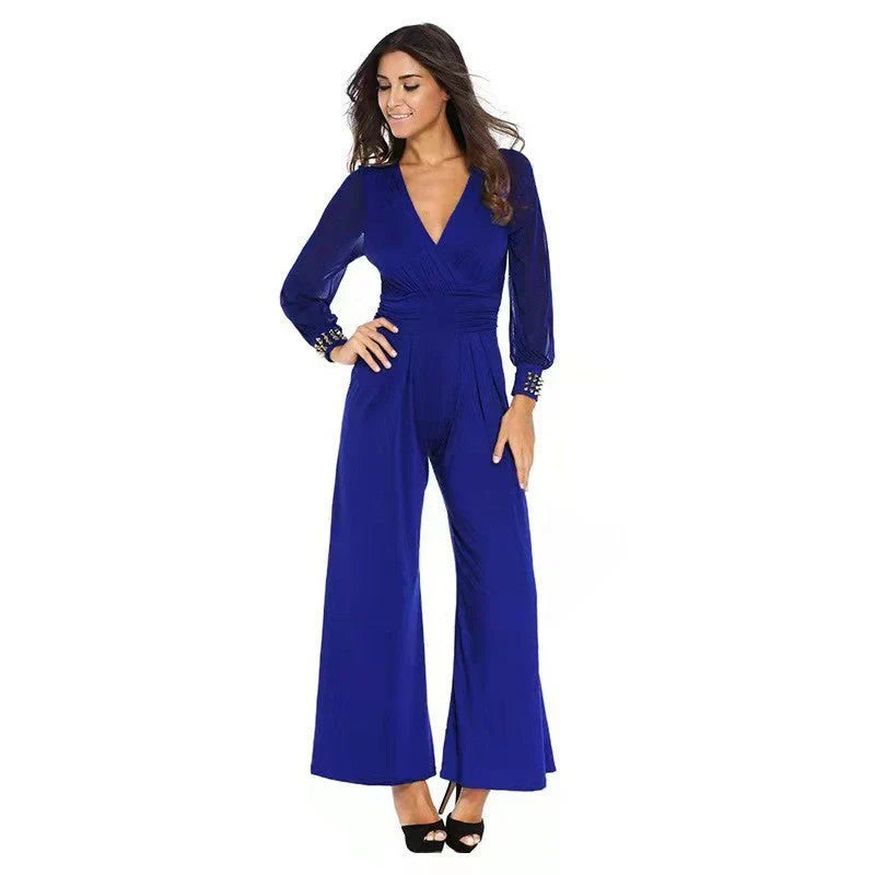 Elegant Jumpsuit med Mesh-Ærmer og V-udskæring