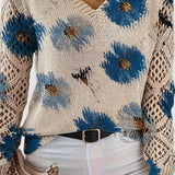 Blomstret V-Hals Bluse med Blondeærmer – Elegant og Feminin Stil