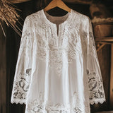 Boho Dame Bluse med Blonde og Broderi – Romantisk og Luftig