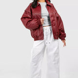 Oversized Læderlook Jakke med Klassisk Krave