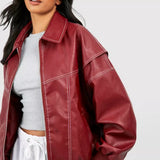 Oversized Læderlook Jakke med Klassisk Krave