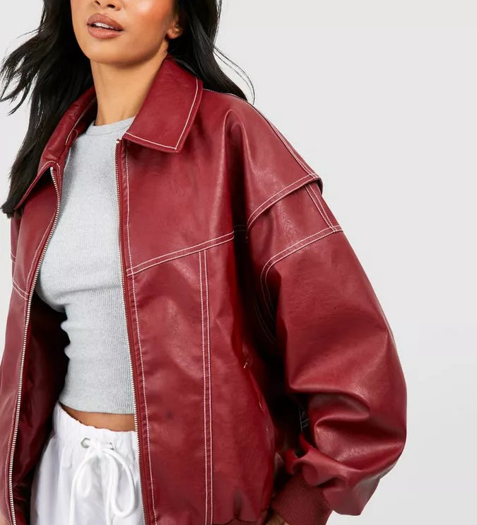 Oversized Læderlook Jakke med Klassisk Krave