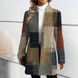 Lang Patchwork Frakke med Tidløst Mønster og Elegant Hverdagsstil