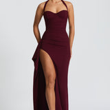 Lang halterneck kjole med slids – Elegant aftenlook