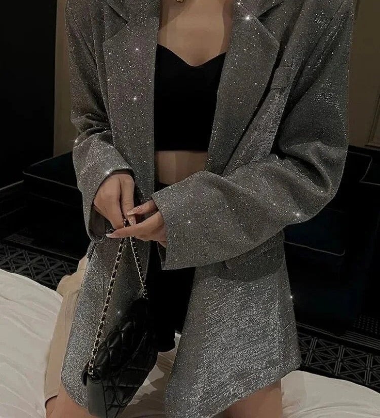 Festlig dame blazer med glimmer – elegant jakke til aften og events