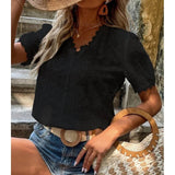 Dames Blouse Korte Mouw – Relaxed Fit – Katoen – Oogjespatroon – V-Hals met Randafwerking
