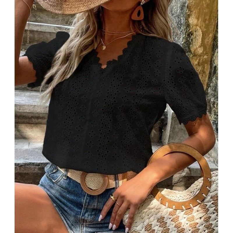 Dames Blouse Korte Mouw – Relaxed Fit – Katoen – Oogjespatroon – V-Hals met Randafwerking