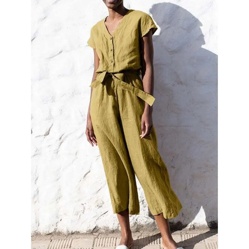 Casual jumpsuit i hør-look med knapper og bindebånd