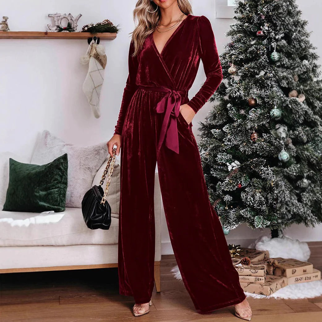 Velour jumpsuit med slå-om effekt og bindebælte