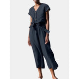 Casual jumpsuit i hør-look med knapper og bindebånd